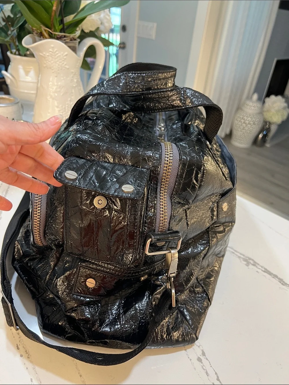 Matt & Nat Unisex Vegan Leather Black Glossy Textured Duffel W/Adjustable Strap